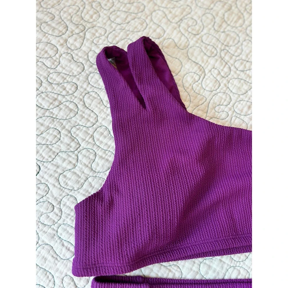 DSG Girls XL Vibrant Violet Smocked One Shoulder High Waisted Bikini Set